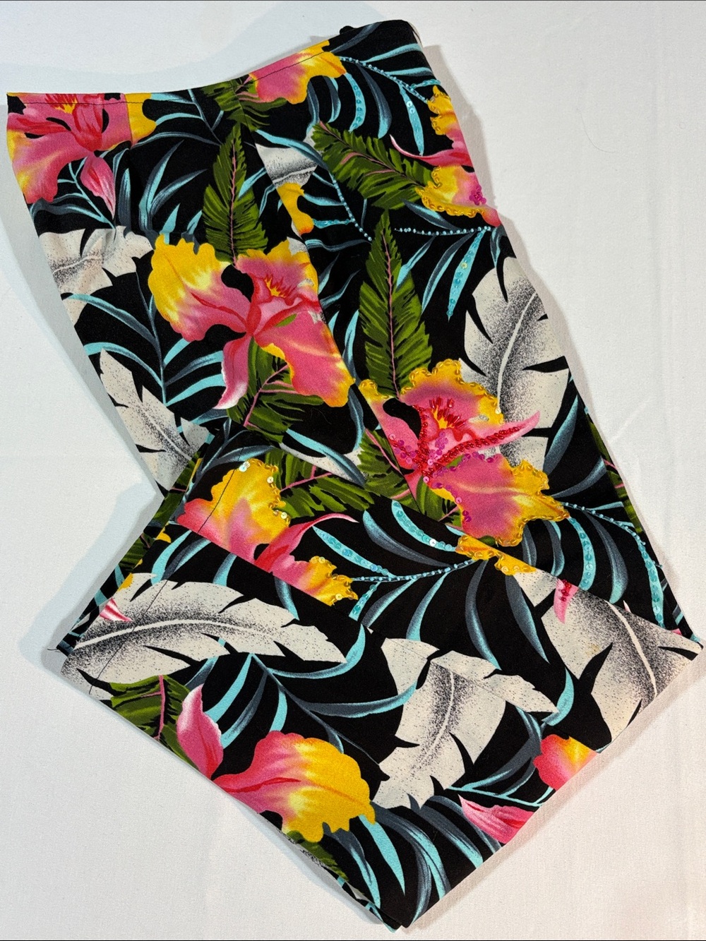 Women’s Tropical Print Capris Black Floral Sequins & Beads XS